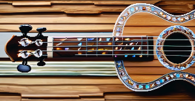 A detailed view of a ukulele with mother-of-pearl inlays, emphasizing the craftsmanship and shine of the materials used.