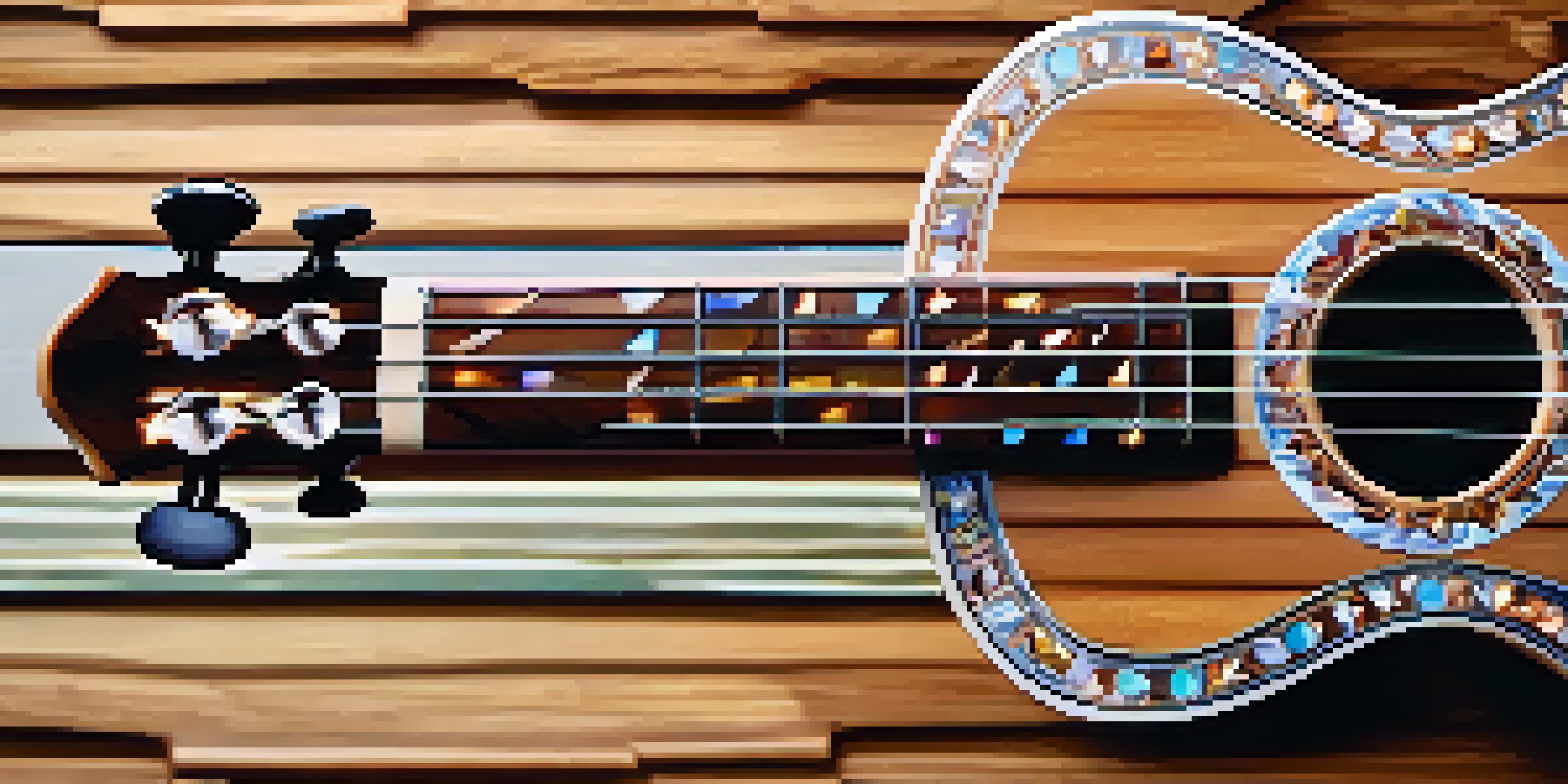 A detailed view of a ukulele with mother-of-pearl inlays, emphasizing the craftsmanship and shine of the materials used.