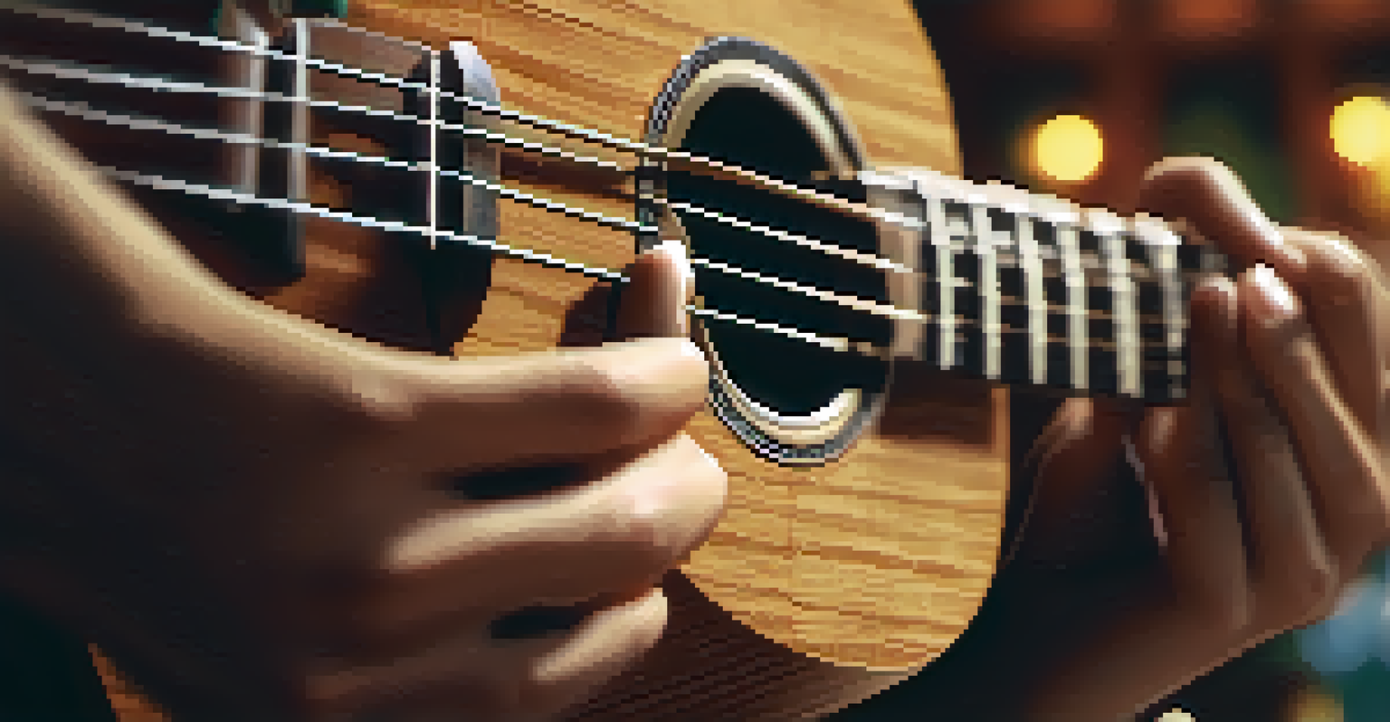 Close-up of hands playing a ukulele, highlighting the wood grain and strings, with a warm and cozy indoor background blurred.
