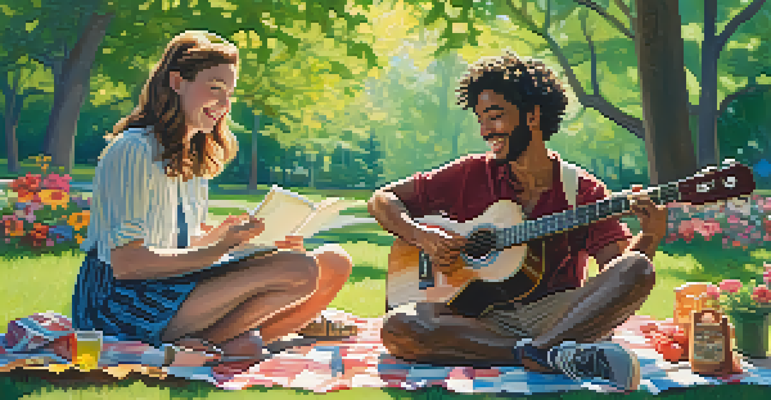 Two friends sitting on a picnic blanket in a park, playing ukuleles and enjoying a songwriting session under a sunny sky.