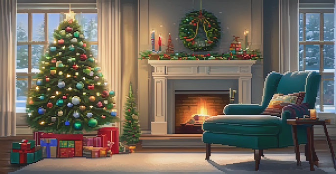 A warm and inviting living room decorated for Christmas with a lit tree, a ukulele on an armchair, and snow falling outside.
