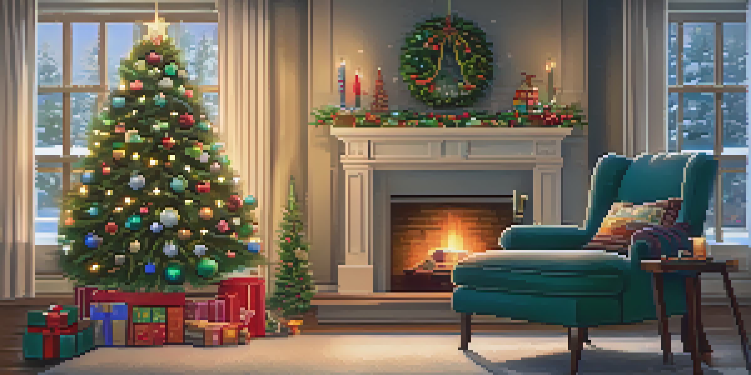 A warm and inviting living room decorated for Christmas with a lit tree, a ukulele on an armchair, and snow falling outside.