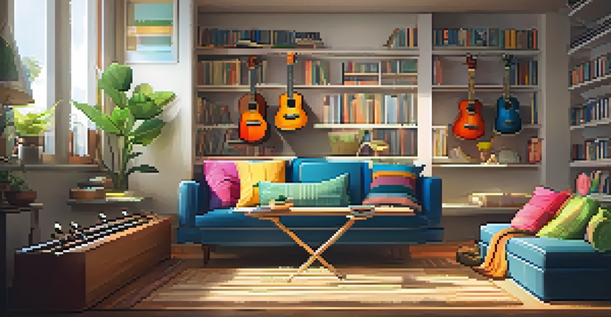 A cozy room with various ukuleles on a shelf and a person strumming a ukulele on the couch, illuminated by sunlight.