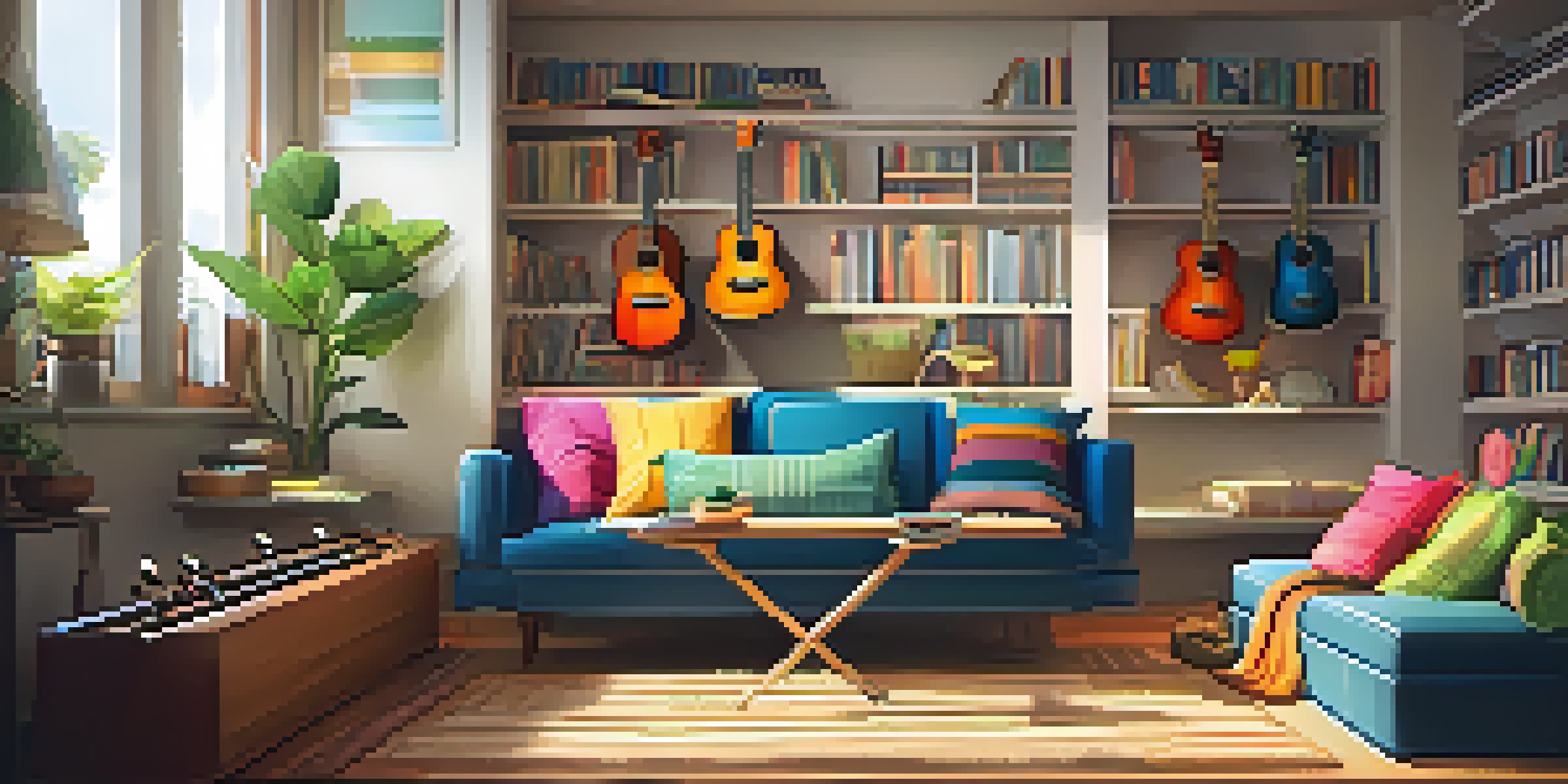A cozy room with various ukuleles on a shelf and a person strumming a ukulele on the couch, illuminated by sunlight.