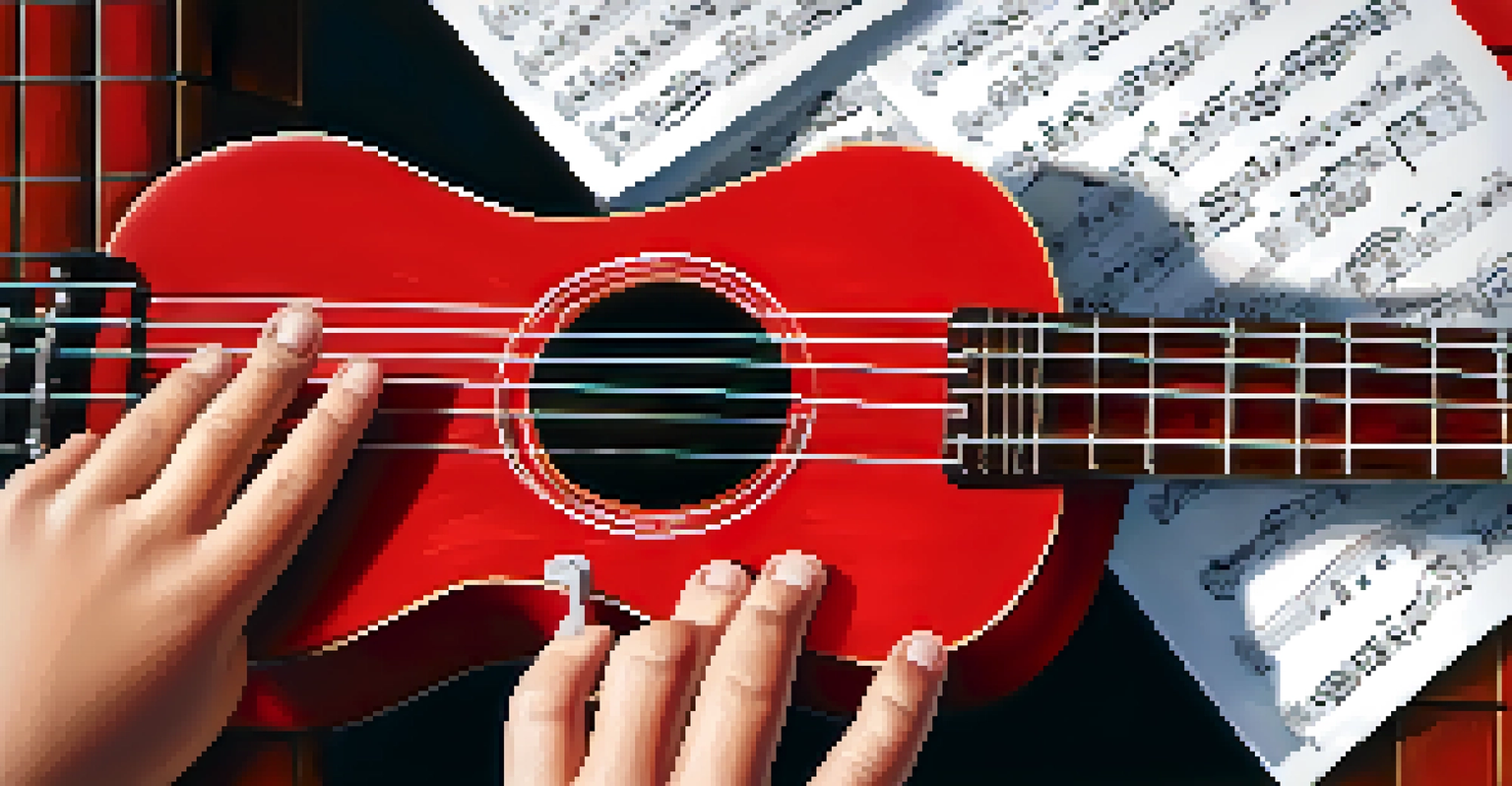 A close-up view of a child's hands playing a red ukulele, with a music sheet in the background, emphasizing the learning process in music.