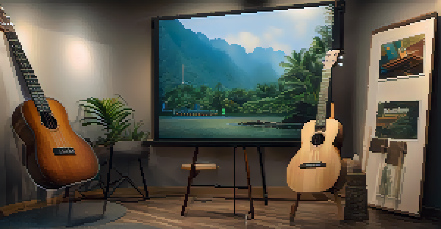 A slide presentation of a ukulele lesson, featuring basic chords and a photo of a person playing, in a warm-lit environment.
