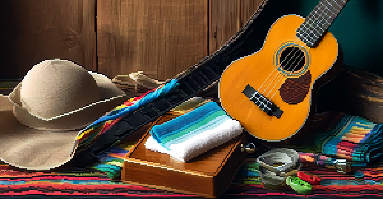 An arrangement of ukulele accessories including a tuner, strap, cleaning cloths, and strings on a textured fabric surface.