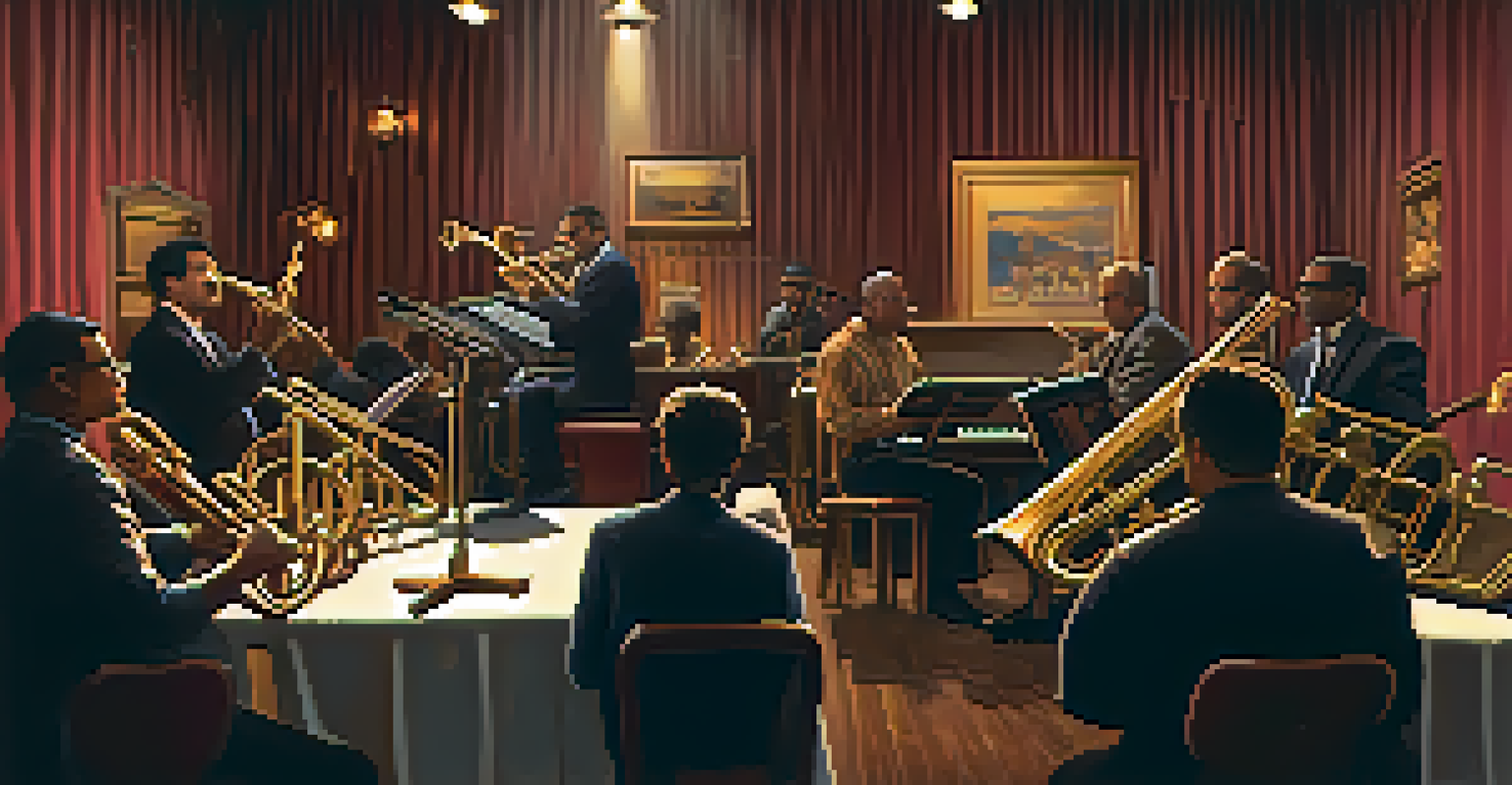 A ukulele player on stage with brass instruments, illuminated by soft lighting in a cozy jazz setting.