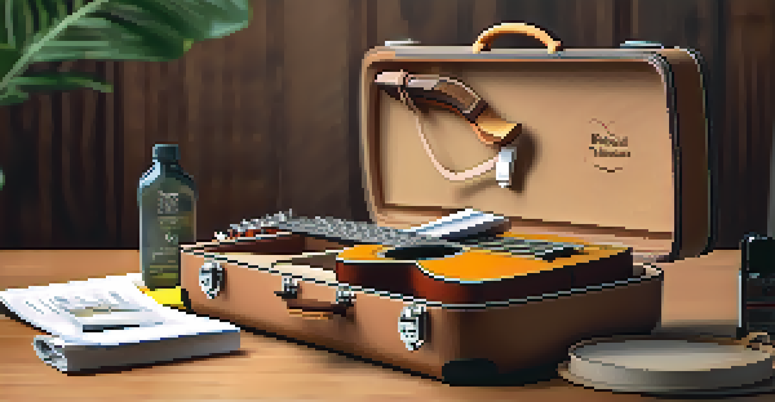 An open ukulele case with a soprano ukulele and accessories arranged neatly on a wooden table.