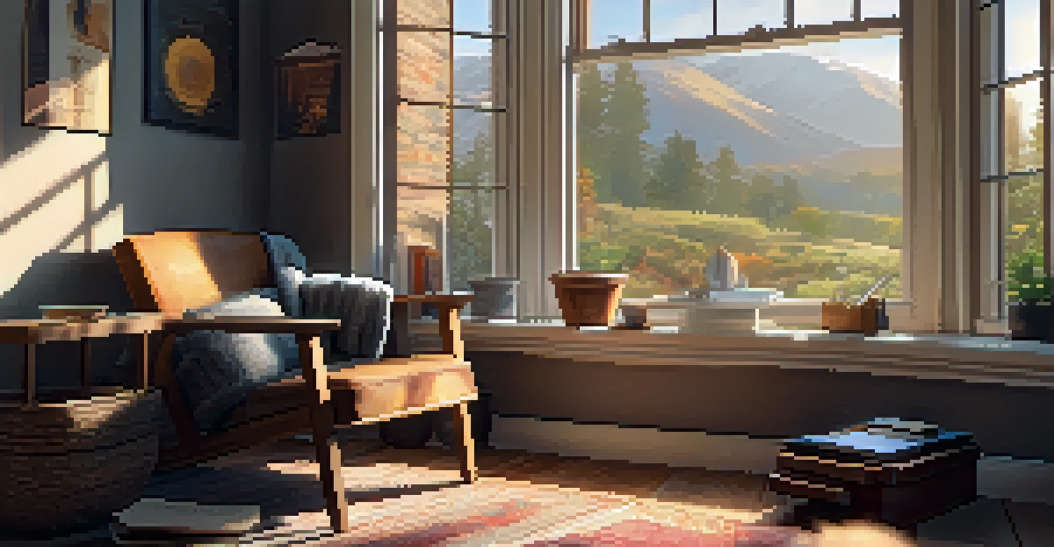 A cozy indoor scene featuring a ukulele on a coffee table, with sunlight streaming through a window and a cup of tea nearby.