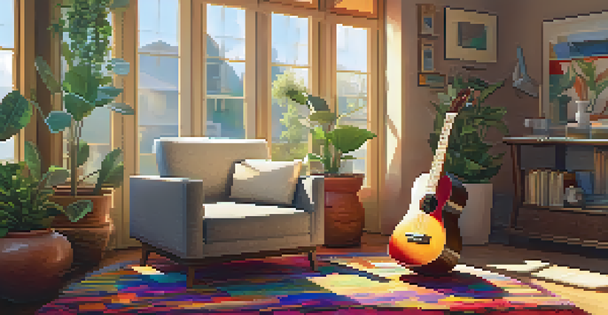 A ukulele placed on a colorful rug in a sunny living room with plants and an armchair in the background.