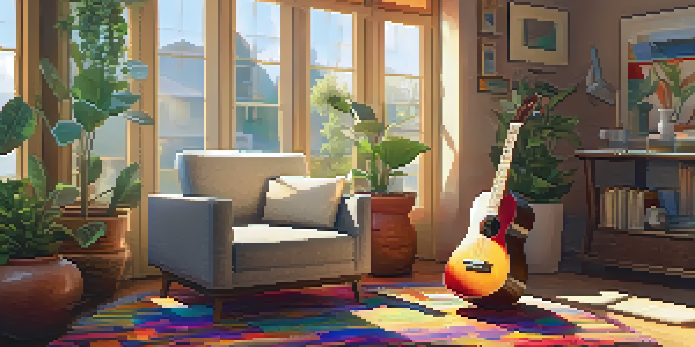 A ukulele placed on a colorful rug in a sunny living room with plants and an armchair in the background.