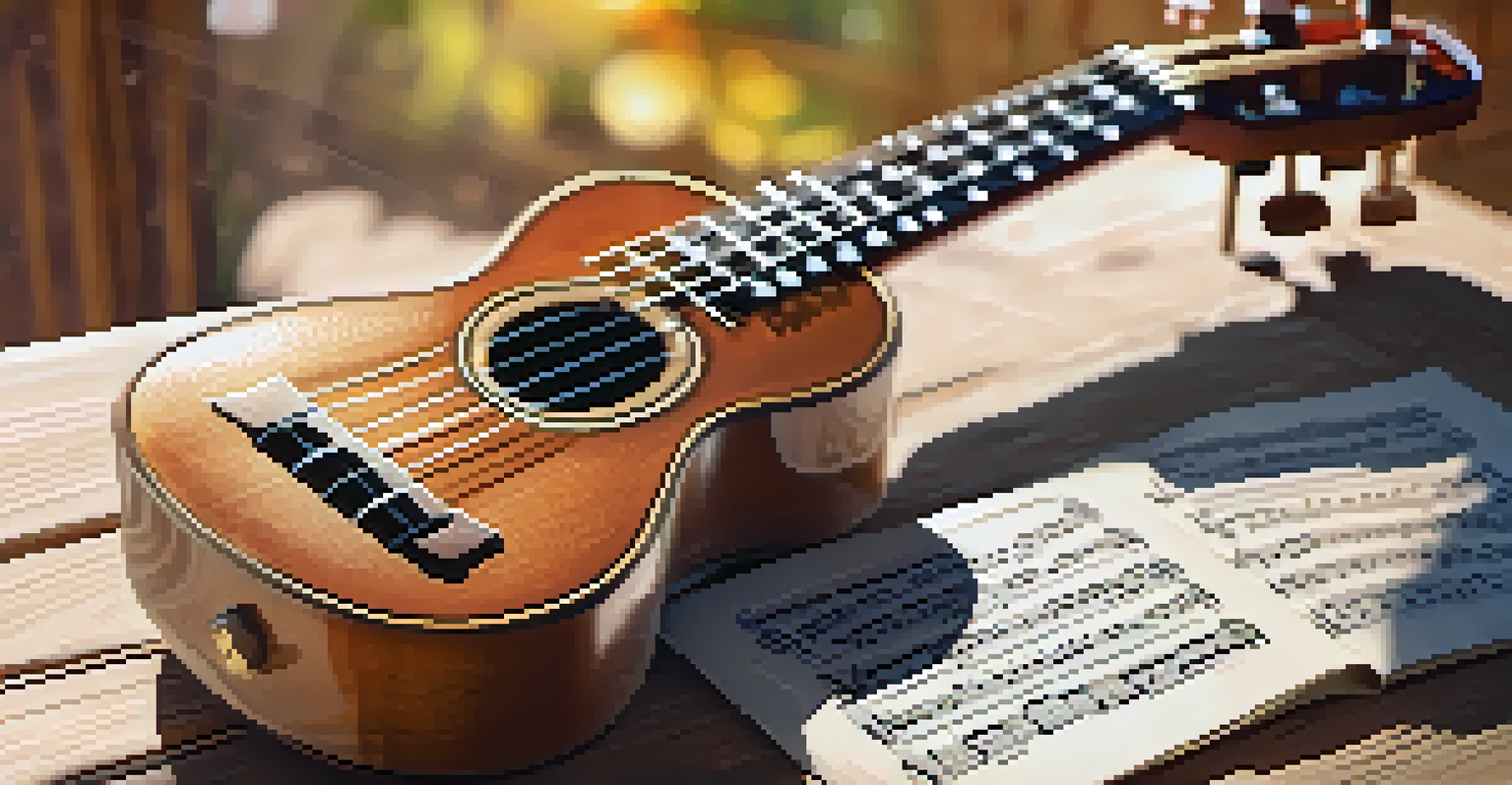 A close-up of a beautifully designed ukulele on a wooden table with sunlight filtering in.