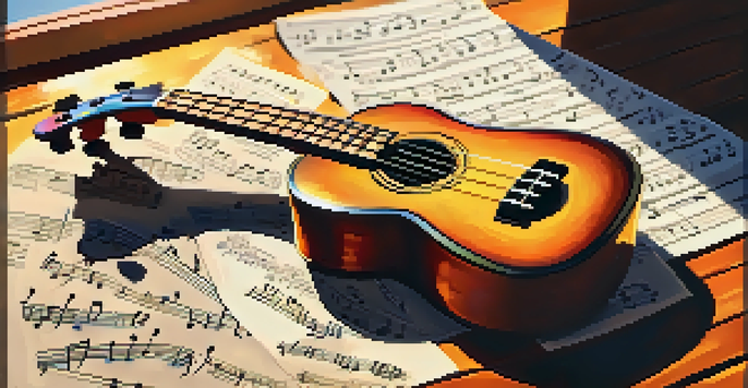 A close-up of a ukulele on a wooden table with colorful musical notes and sheet music around it, illuminated by soft sunlight.
