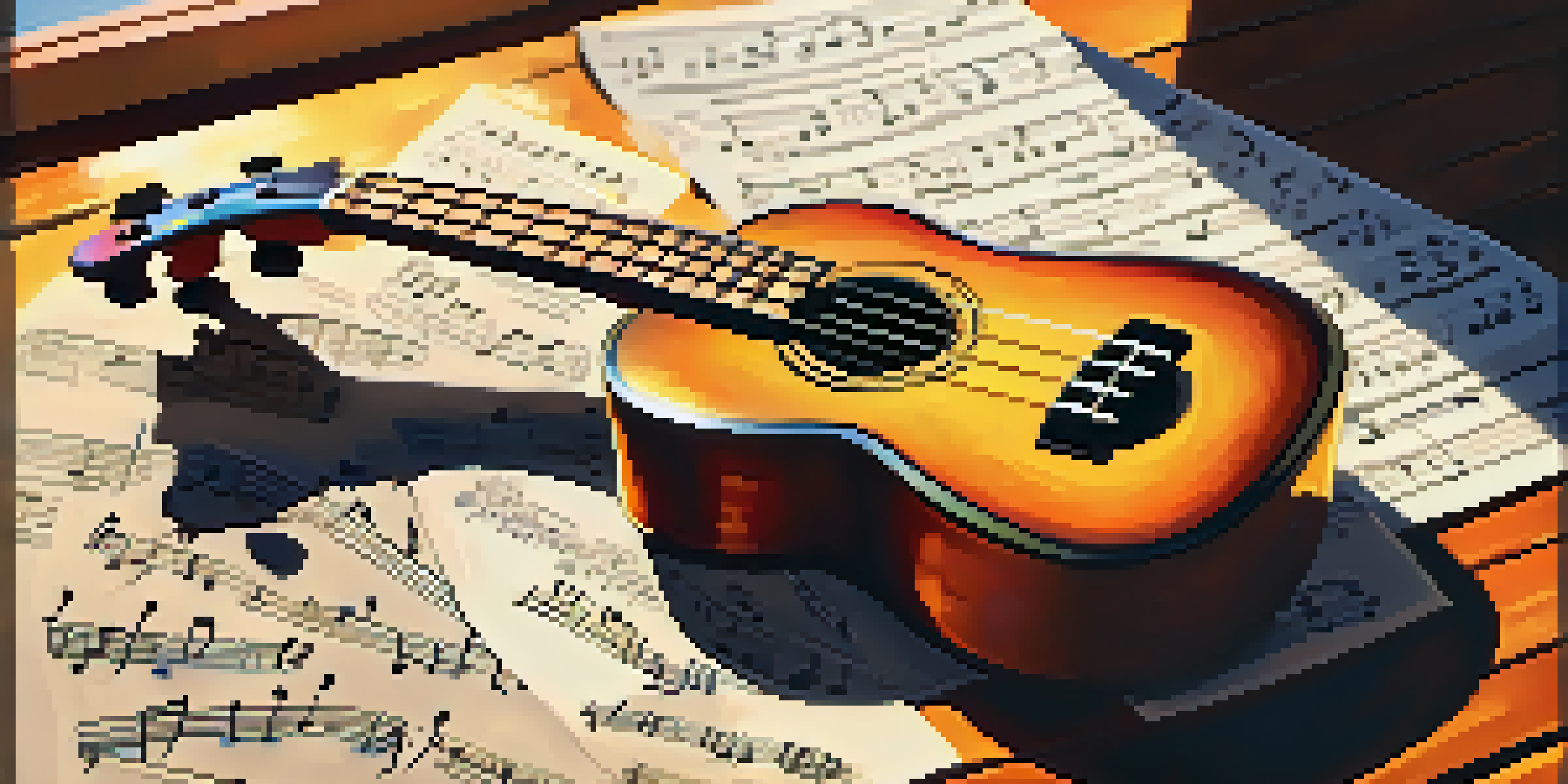 A close-up of a ukulele on a wooden table with colorful musical notes and sheet music around it, illuminated by soft sunlight.