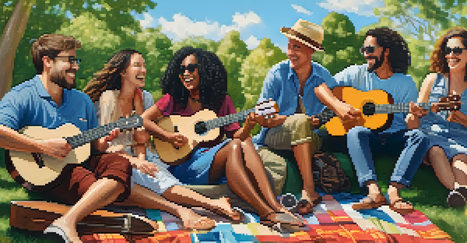 A diverse group of friends playing ukuleles together on a blanket in a sunny park.