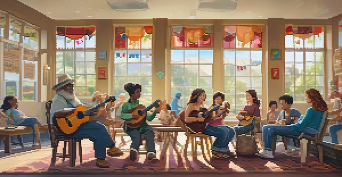 A diverse group of people, including children and adults, sitting in a circle playing ukuleles in a warmly lit community center with music-themed decorations.