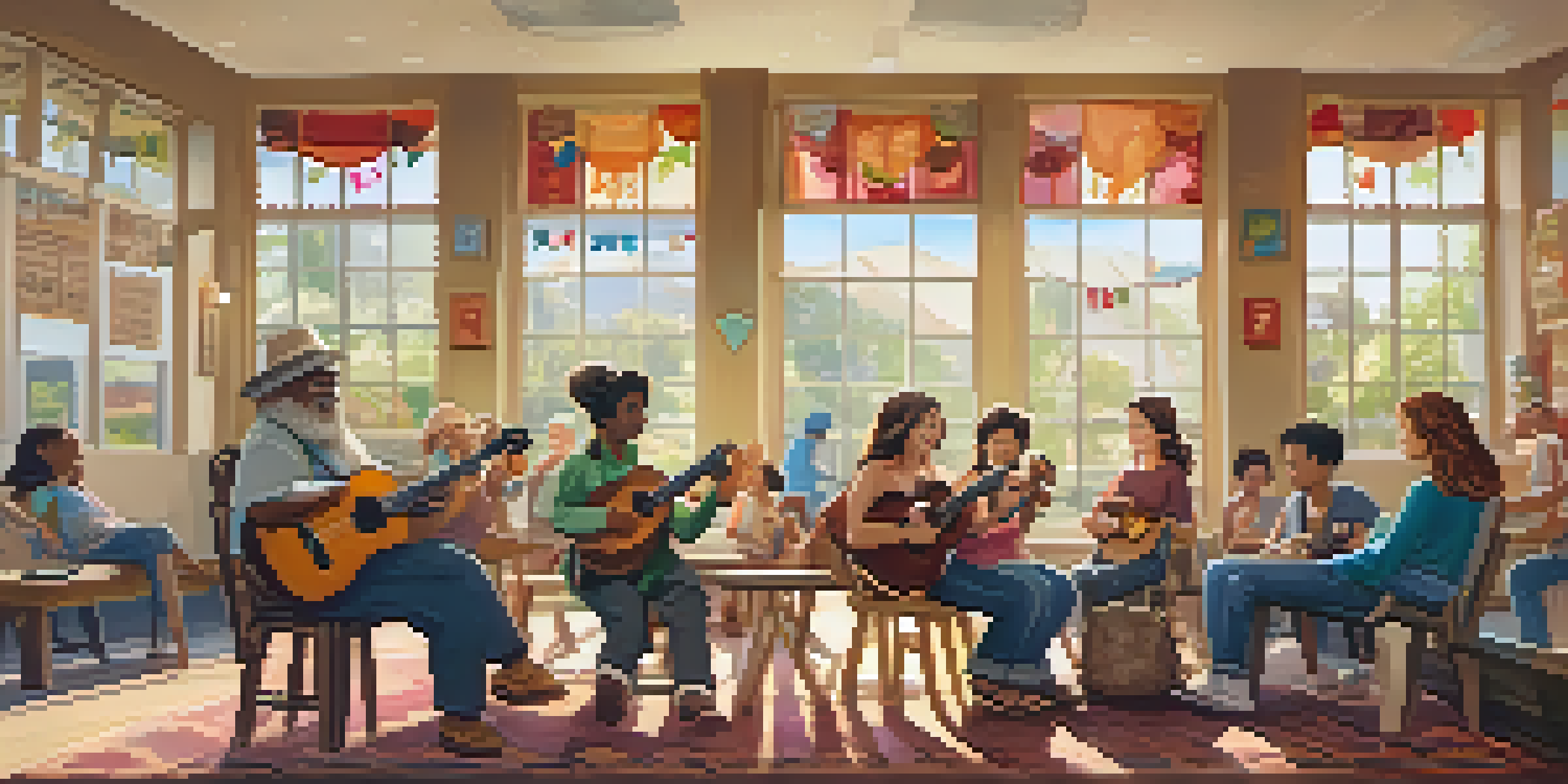 A diverse group of people, including children and adults, sitting in a circle playing ukuleles in a warmly lit community center with music-themed decorations.