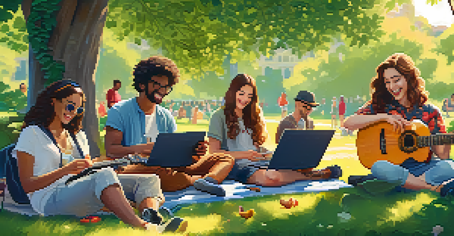 A group of friends enjoying a virtual jam session in a park, each with a ukulele and electronic devices, surrounded by nature.