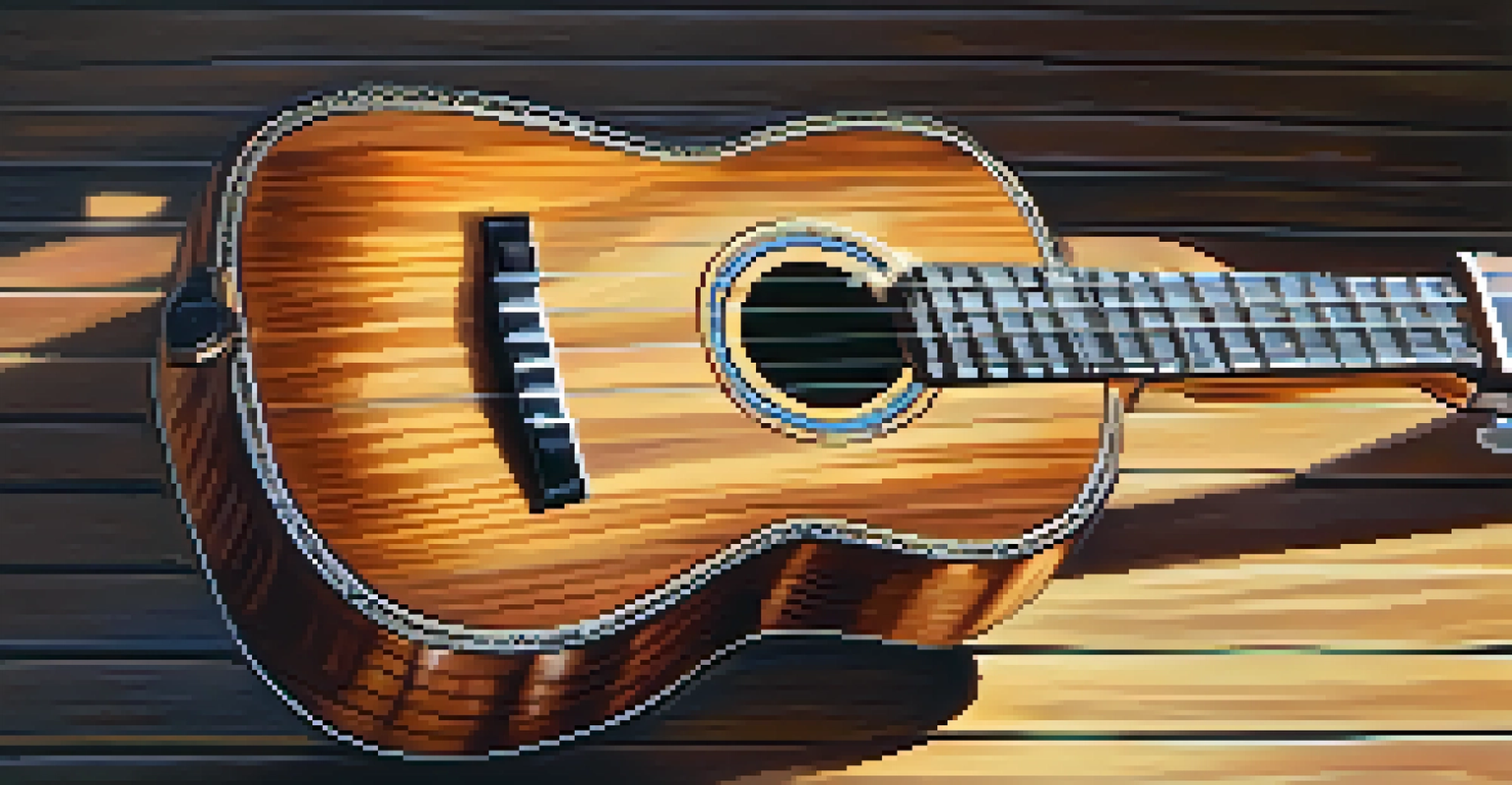 A close-up of a polished ukulele on a wooden table with music sheets and a cup of coffee in the background, bathed in soft sunlight.