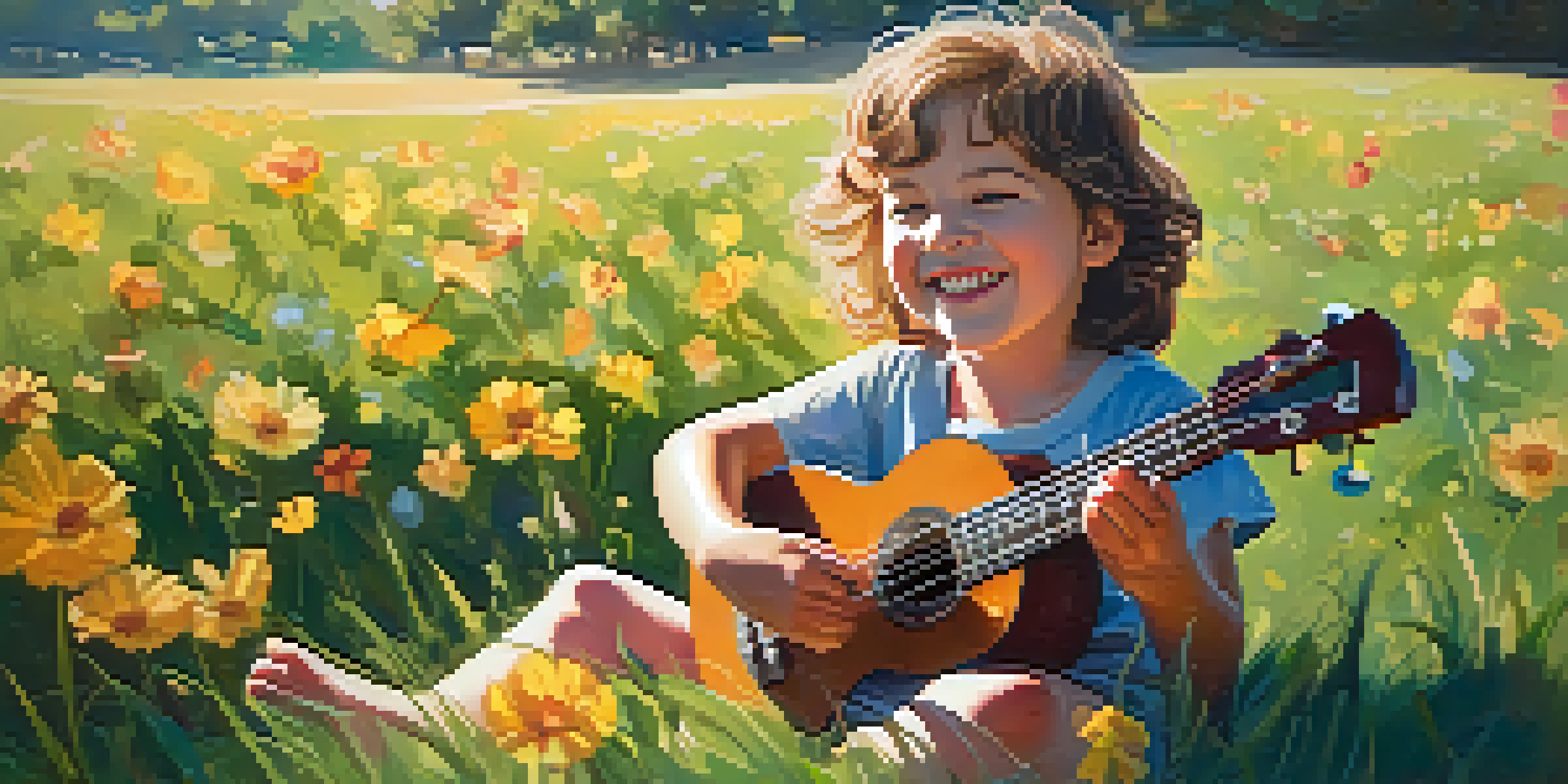 A happy child playing a ukulele outdoors surrounded by flowers and trees.