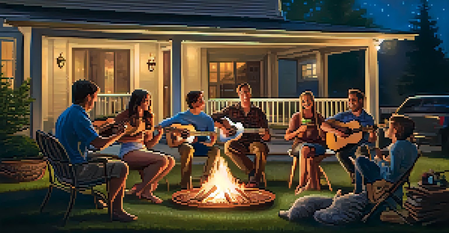 A family enjoying music around a fire pit in the backyard at night, illuminated by firelight, with ukuleles and personalized picks in hand.