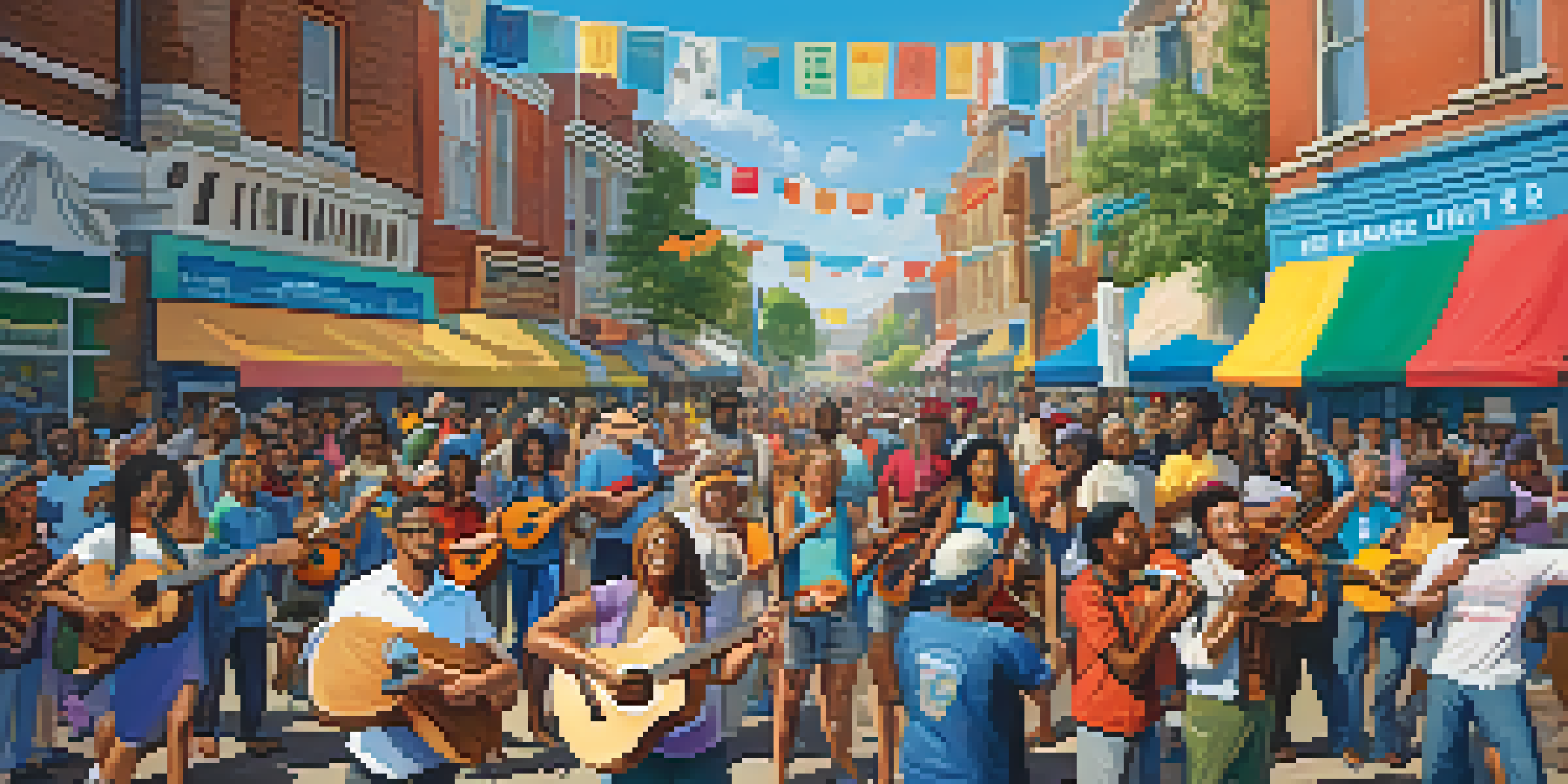 A lively street scene with people of various backgrounds playing ukuleles and singing, surrounded by colorful banners and bright skies.