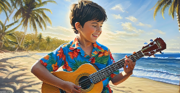 A young boy playing the ukulele on a sunny beach in Hawaii, with palm trees and gentle waves in the background.