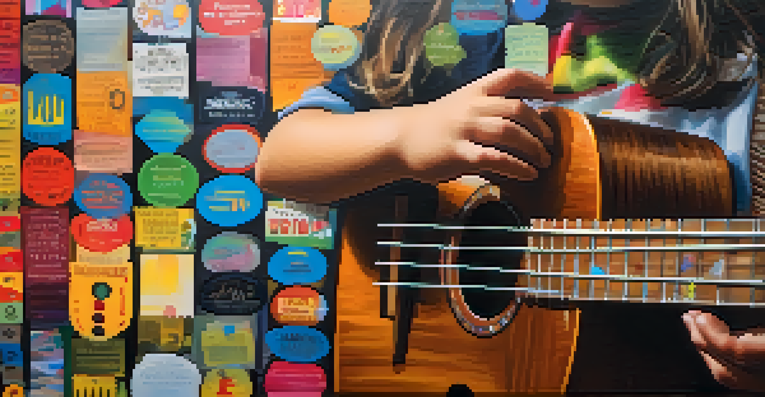 Close-up of a child's hands strumming a decorated ukulele, with musical notes in the background.