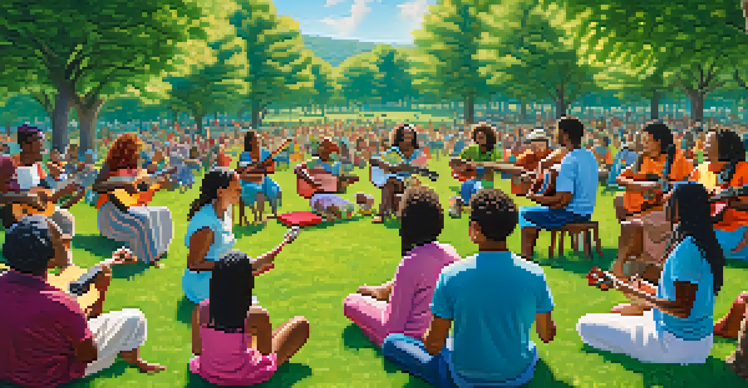 A diverse group of people enjoying a sunny day in the park, playing ukuleles and singing, surrounded by greenery and colorful blankets.