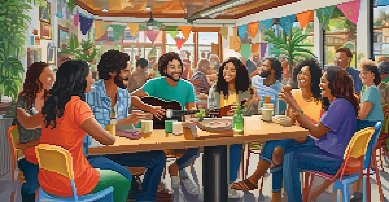 A diverse group of adults enjoying a ukulele jam session in a colorful cafe, with joyful expressions and music in the air.