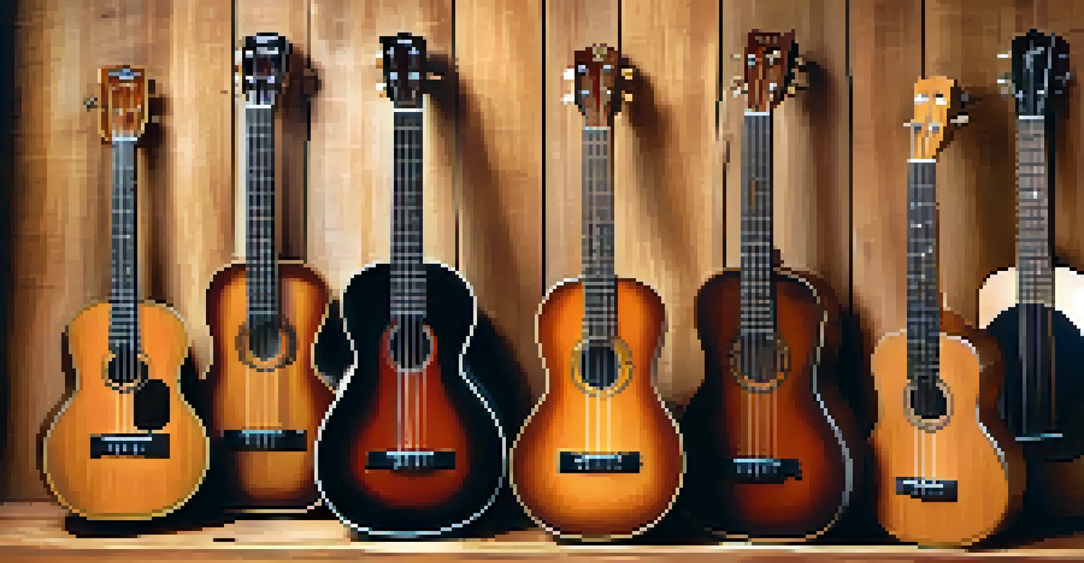 An artistic arrangement of different sizes of ukuleles on a wooden table, illuminated by warm light.