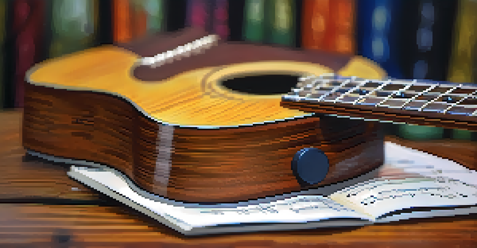 A close-up of a ukulele with fingers on the frets, surrounded by a notepad with song ideas and a colorful pen, in a creative workspace.
