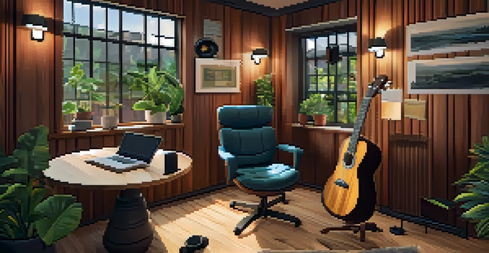 A warm and inviting recording space for playing the ukulele, with acoustic panels and a desk.