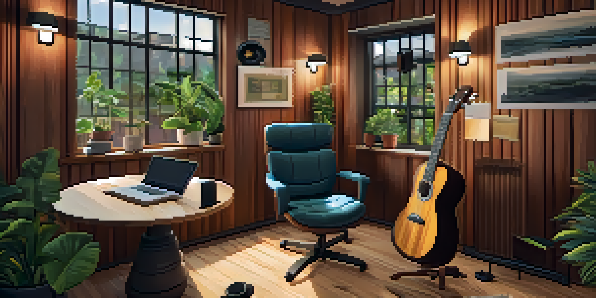 A warm and inviting recording space for playing the ukulele, with acoustic panels and a desk.