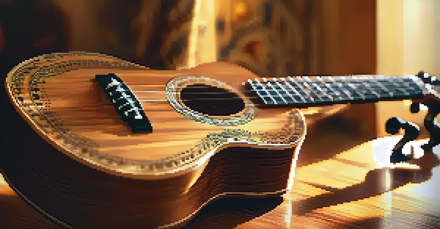 A close-up of a beautifully crafted ukulele on a wooden table, illuminated by sunlight with musical notes in the background.