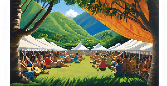 A lively outdoor ukulele festival in Hawaii with musicians, attendees, and a beautiful landscape.
