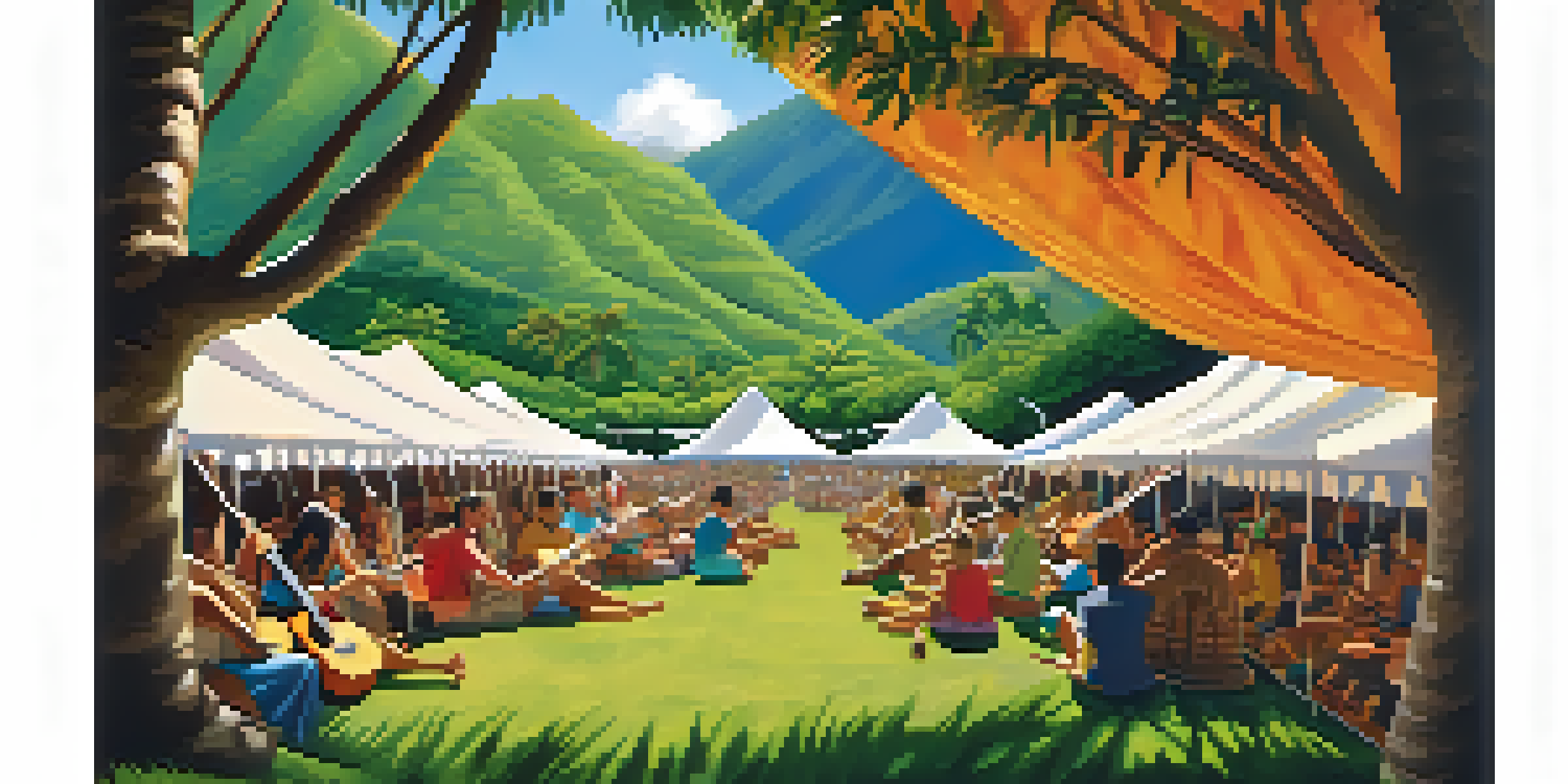 A lively outdoor ukulele festival in Hawaii with musicians, attendees, and a beautiful landscape.
