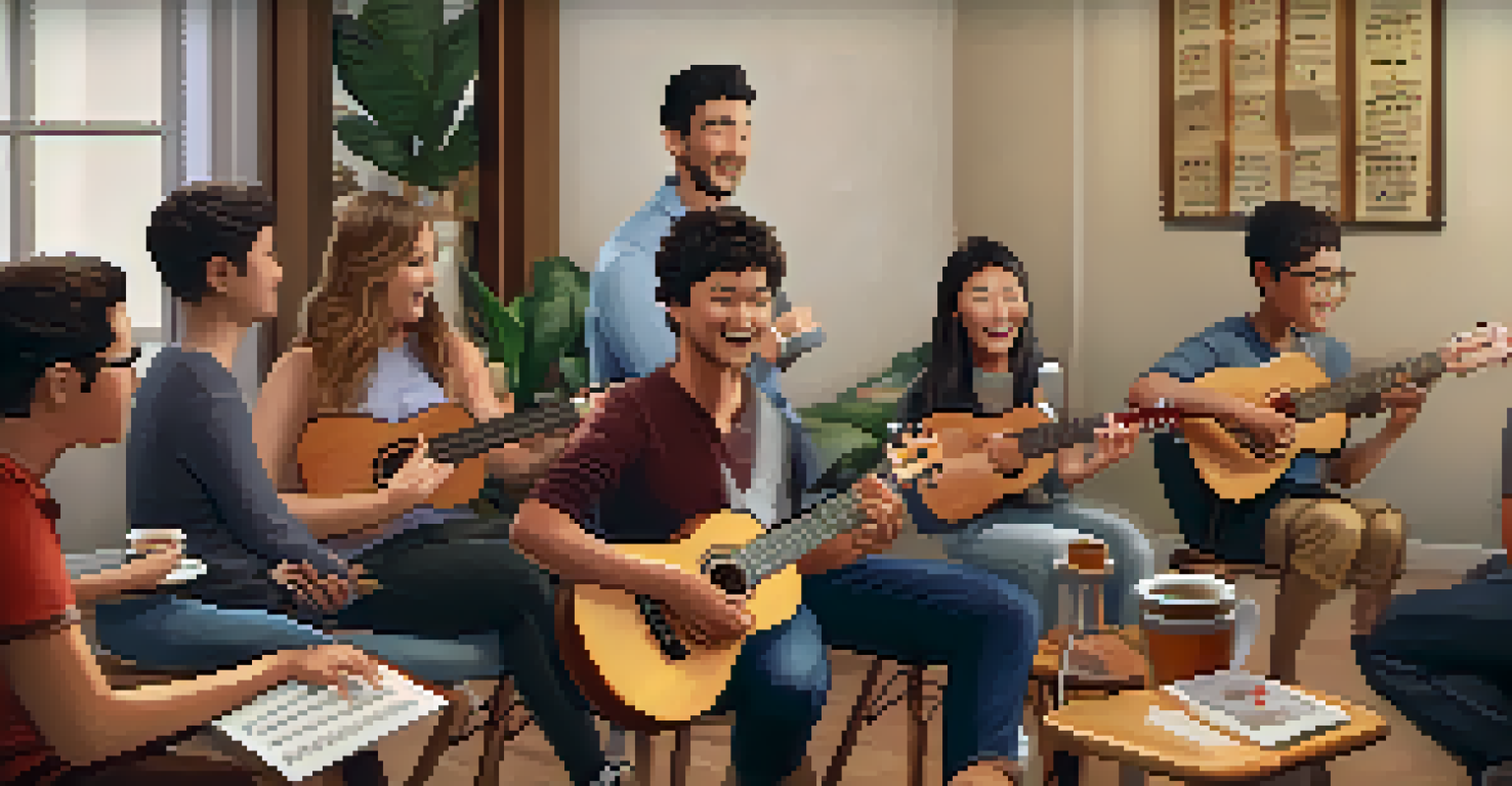 A virtual ukulele workshop with an instructor teaching students over a video call, surrounded by musical instruments.