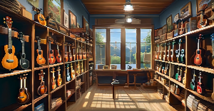 An interior view of a ukulele shop with different types of ukuleles on display and a musician playing a soprano ukulele in a well-lit environment.