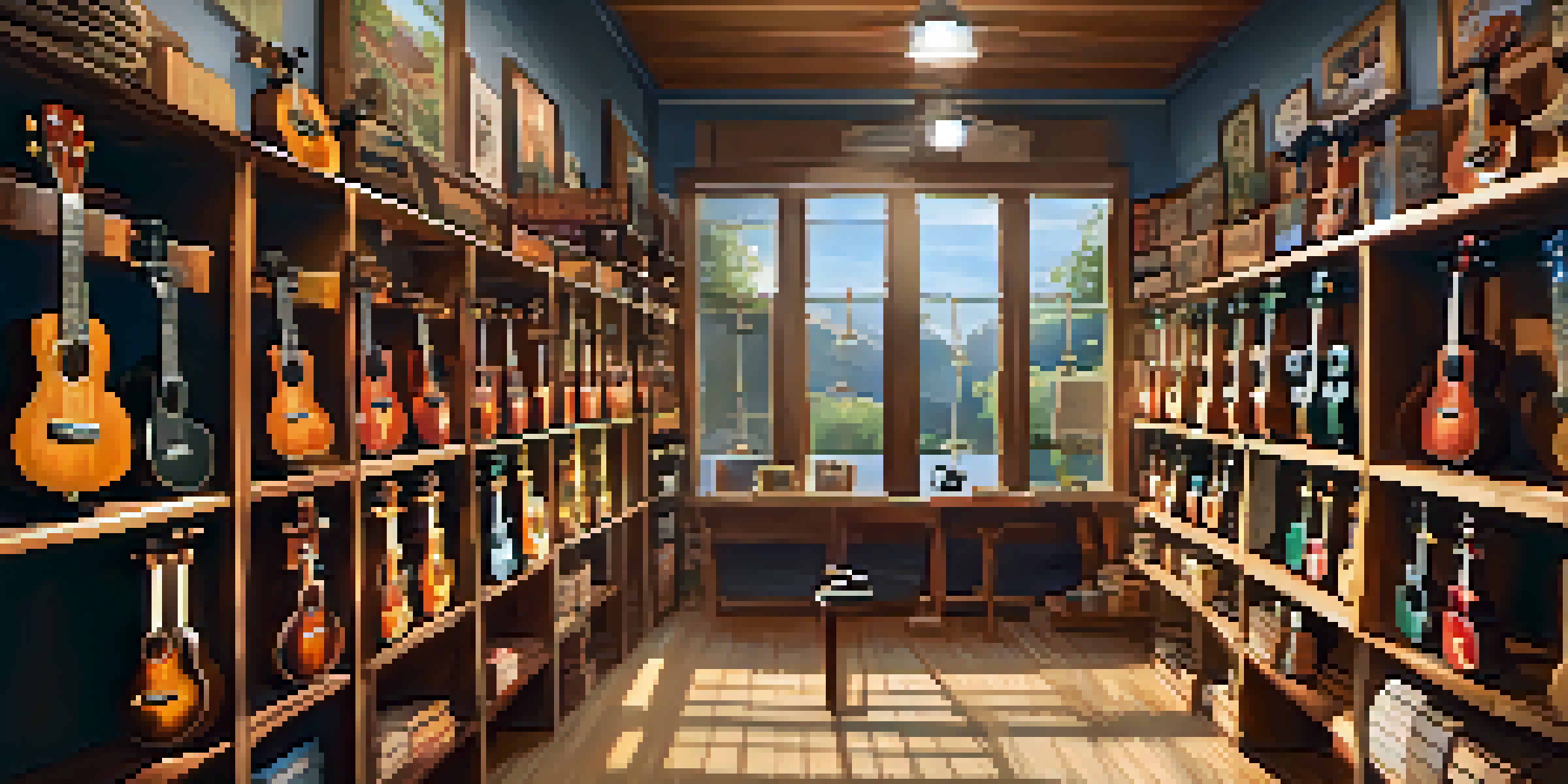 An interior view of a ukulele shop with different types of ukuleles on display and a musician playing a soprano ukulele in a well-lit environment.