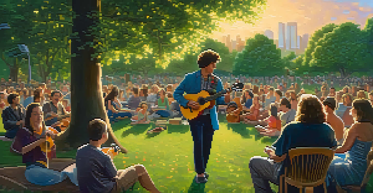 A musician playing a ukulele in a sunny park during sunset, with an audience enjoying the performance.