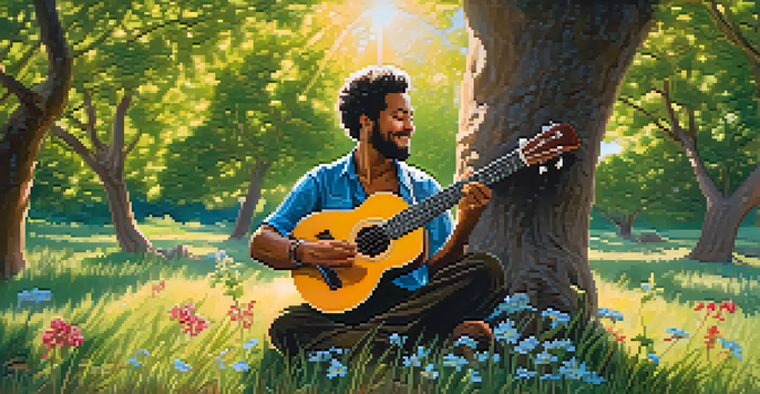 A musician playing a ukulele under a tree, with sunlight filtering through the leaves and wildflowers around.