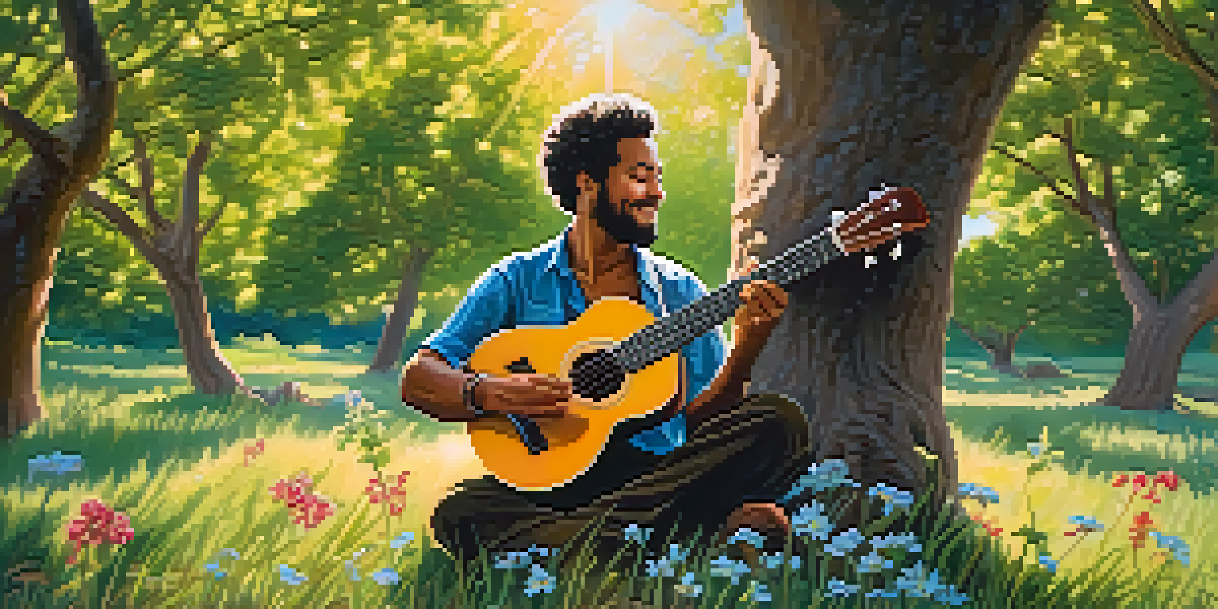 A musician playing a ukulele under a tree, with sunlight filtering through the leaves and wildflowers around.