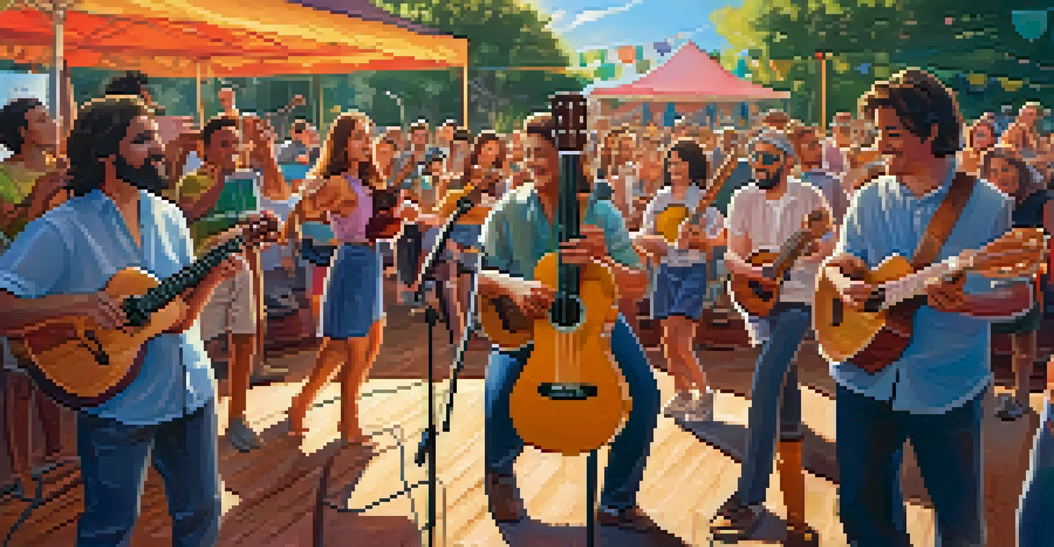 A lively outdoor music festival with musicians playing ukuleles on stage, surrounded by a cheering crowd under a sunset.