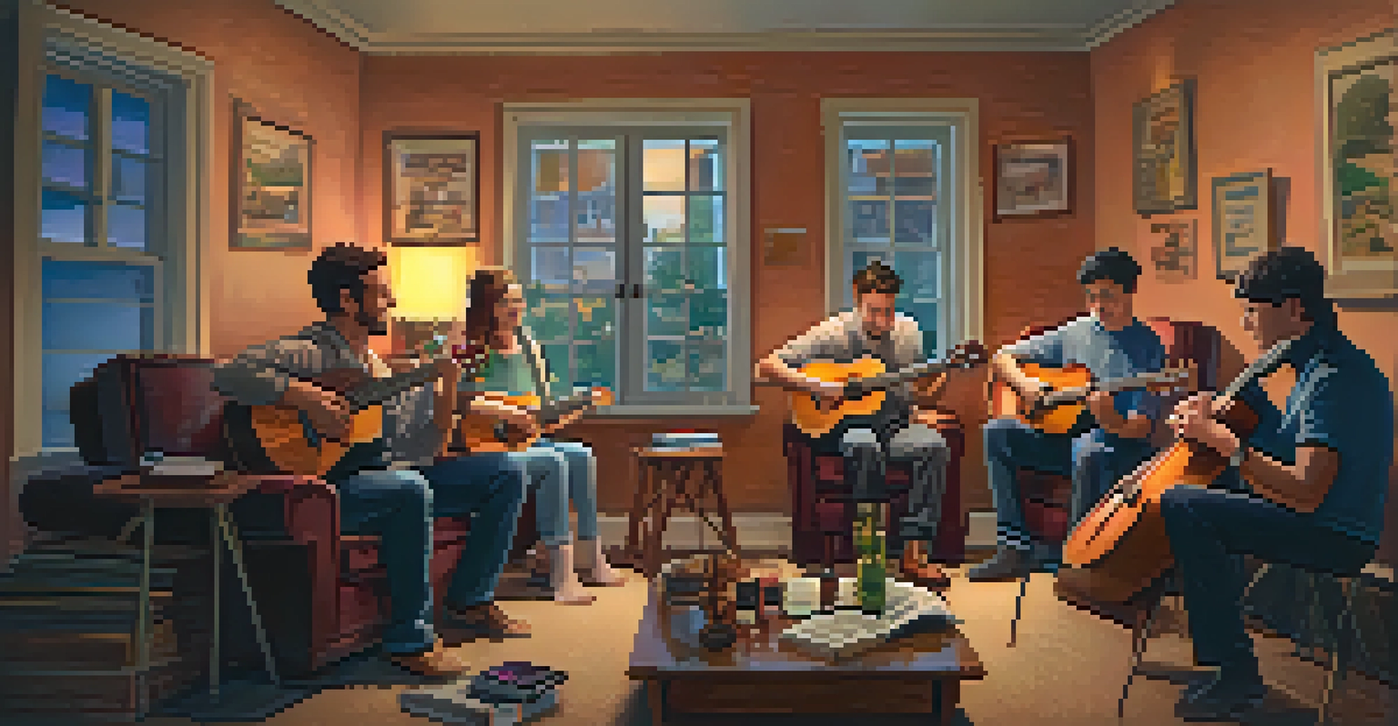 A small group of friends enjoying a ukulele jam session in a cozy living room with soft lighting.