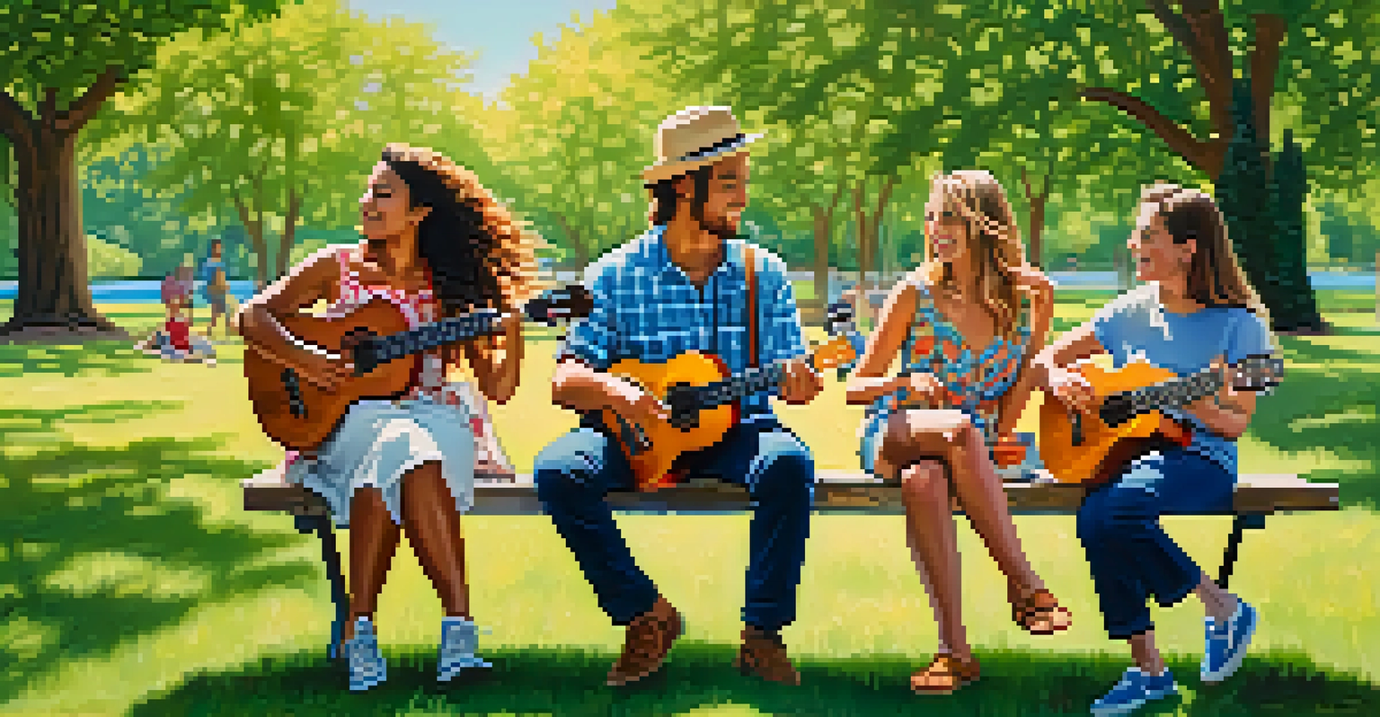 A group of friends playing various ukuleles in a sunny park, surrounded by greenery and a picnic table.