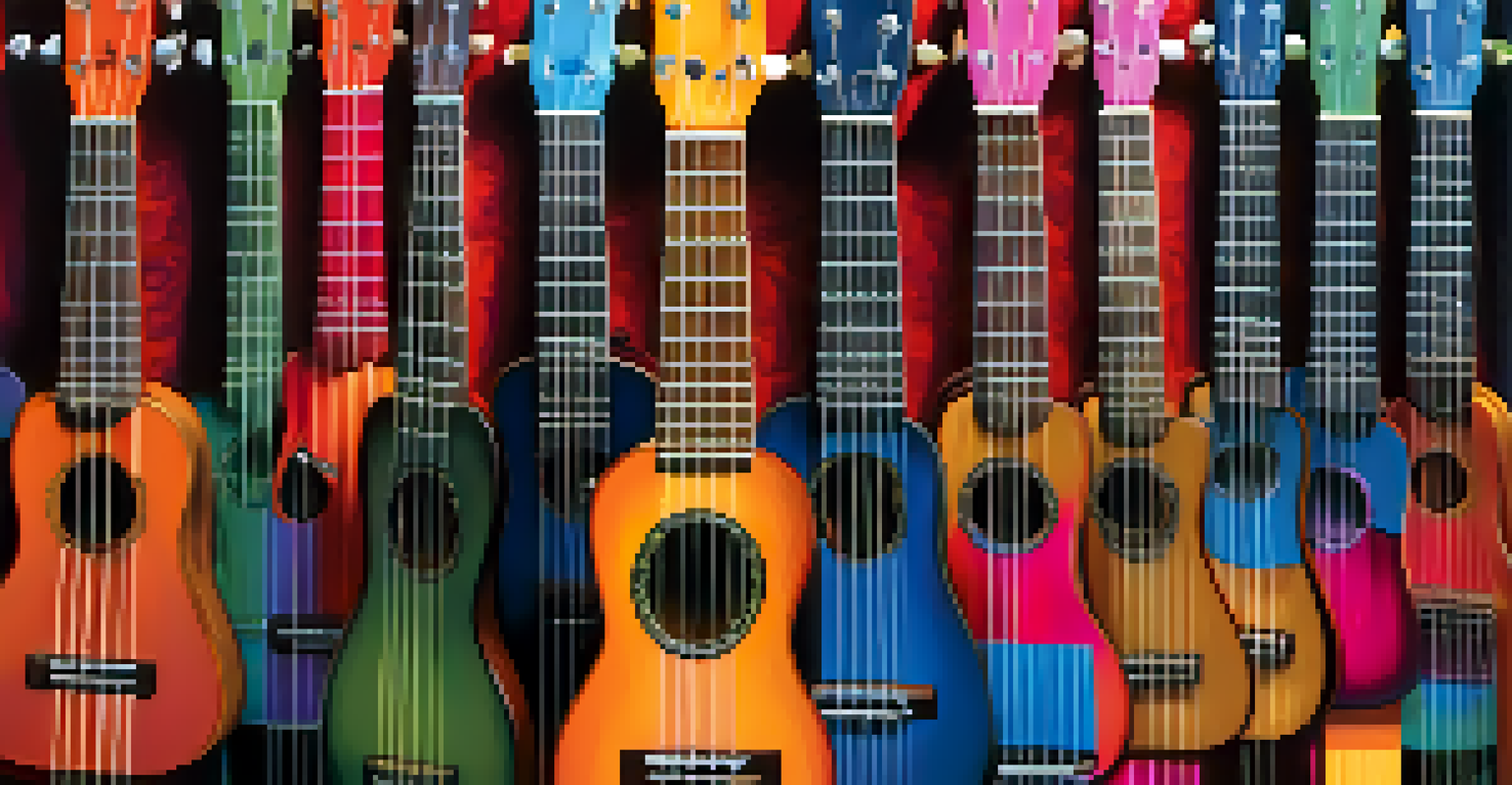 A close-up view of different types of ukulele strings against a colorful fabric backdrop.
