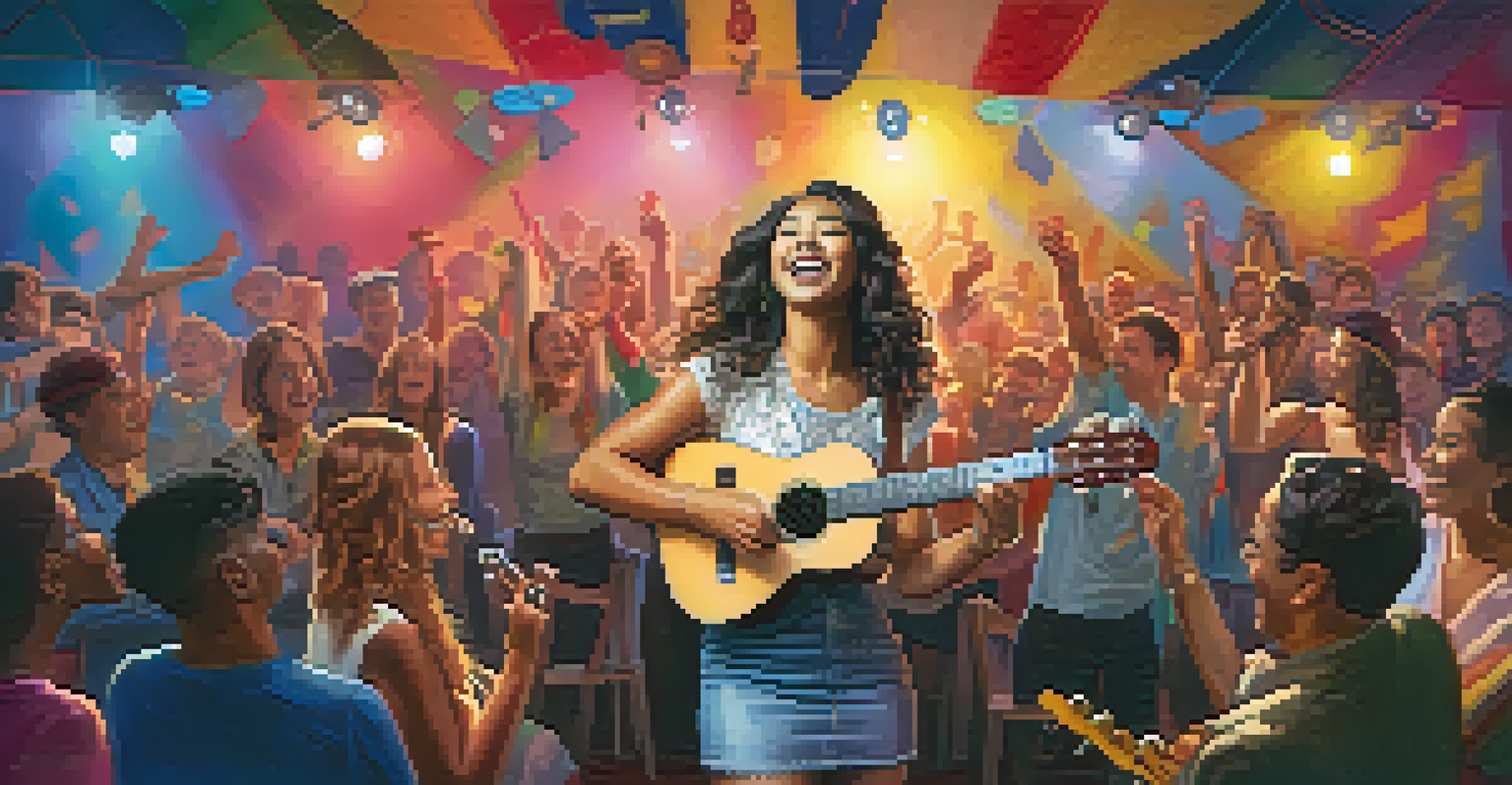 A young woman performing on stage with a ukulele, engaging an enthusiastic audience, under colorful stage lights.