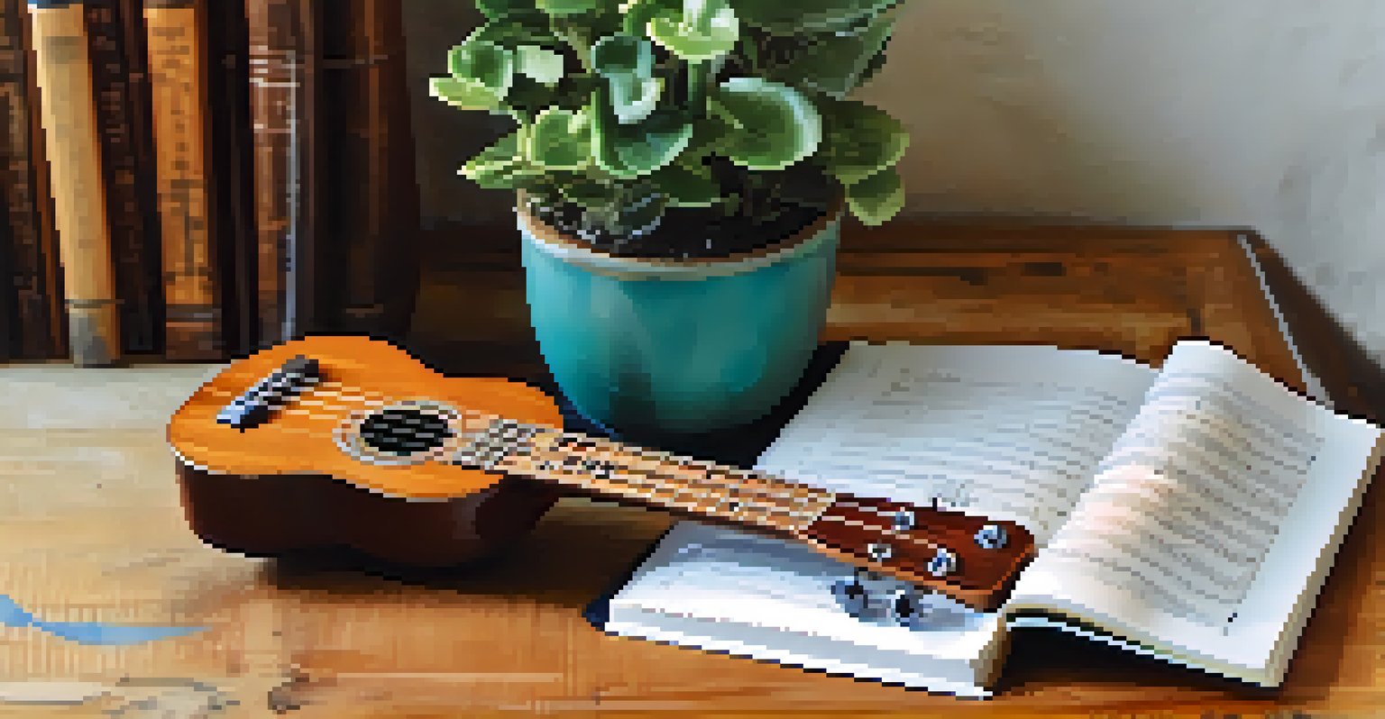 A flat lay image featuring a ukulele, sheet music, and a notebook with lyrics, arranged on a wooden table with natural light.